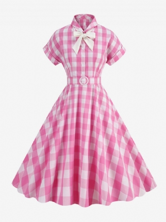 Kvinnors Barbie Rosa Gingham Klänning 1950-tal Kortärmad Pläd Vintage