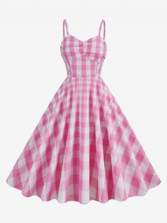 Kvinnors Barbie Rosa Gingham Klänning 1950-tal Plisserade Remmar Rutig Vintageklänning