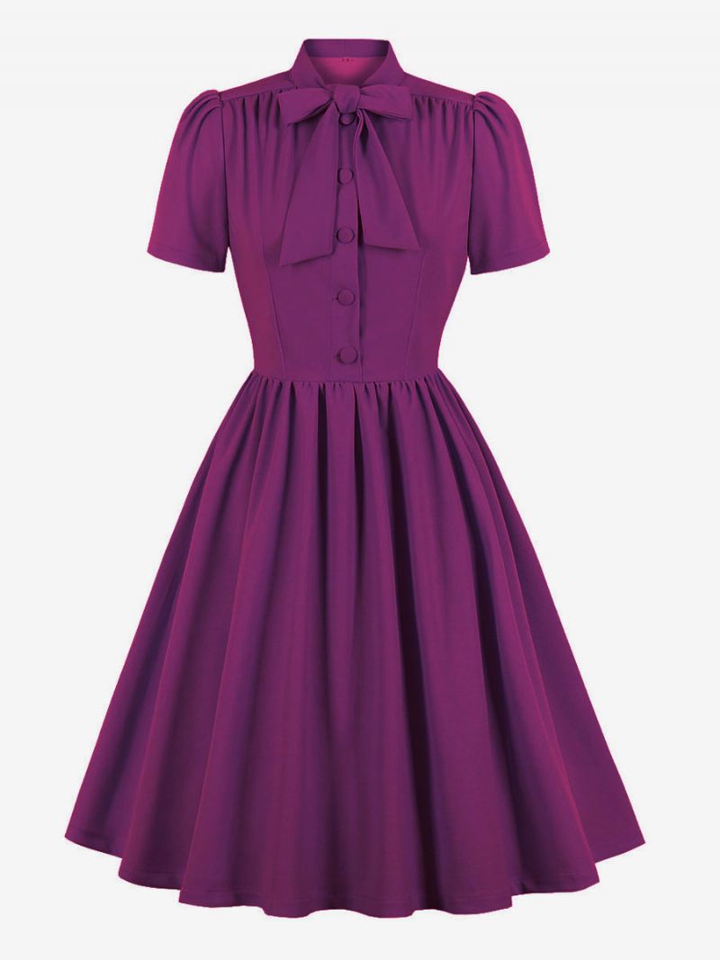 Retro Klänning 1950-tal Audrey Hepburn Stil Marinblå Dam Kortärmad Swing Dress - Lila