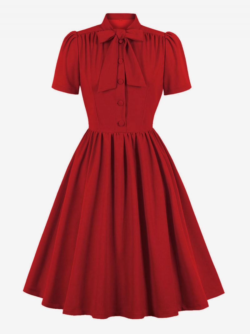 Retro Klänning 1950-tal Audrey Hepburn Stil Marinblå Dam Kortärmad Swing Dress - Röd