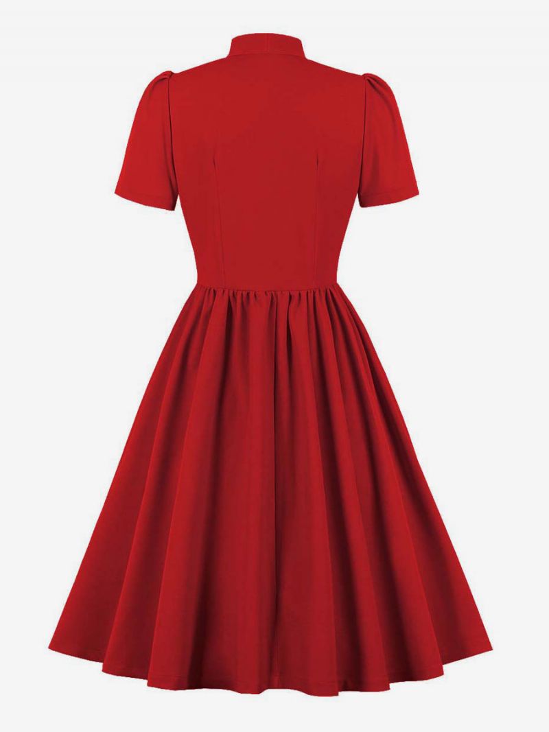 Retro Klänning 1950-tal Audrey Hepburn Stil Marinblå Dam Kortärmad Swing Dress - Röd