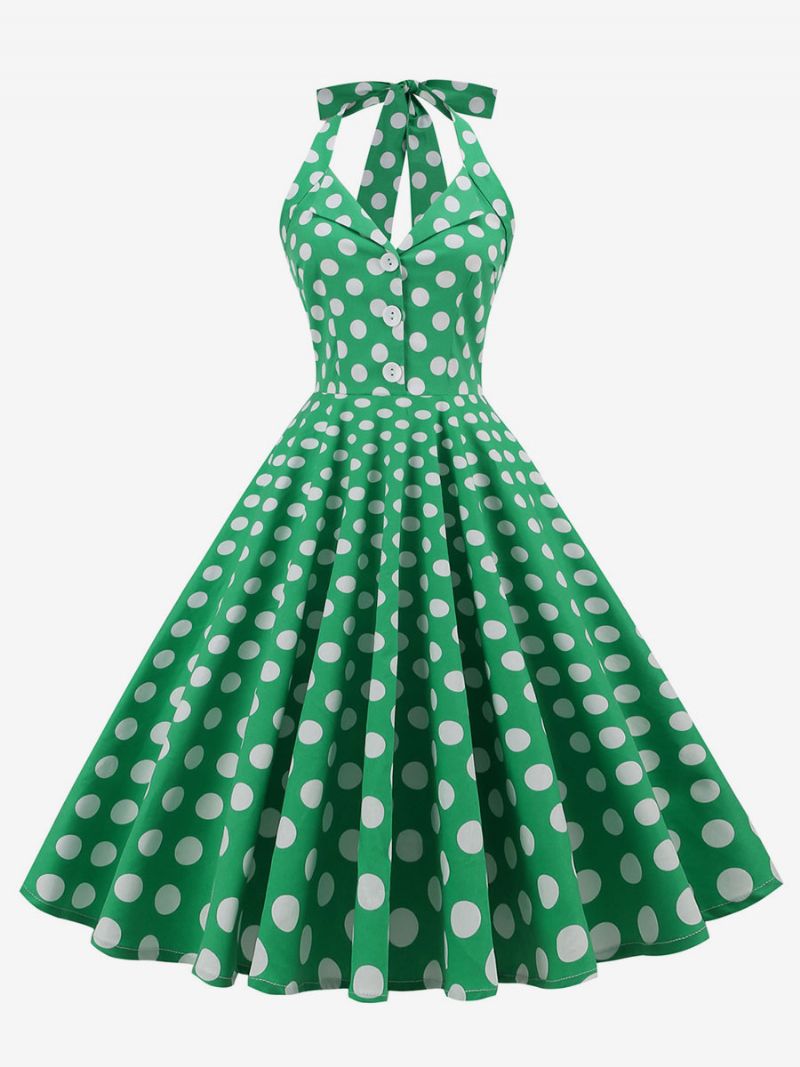 Retro Klänning 1950-tals Audrey Hepburn-stil Mörk Marinblå Prickiga Damknappar Ärmlös Grimma Rockabilly-klänning