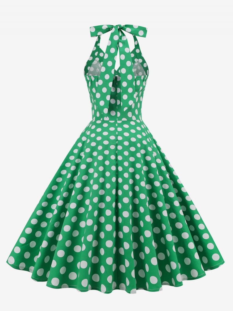 Retro Klänning 1950-tals Audrey Hepburn-stil Mörk Marinblå Prickiga Damknappar Ärmlös Grimma Rockabilly-klänning - Grön