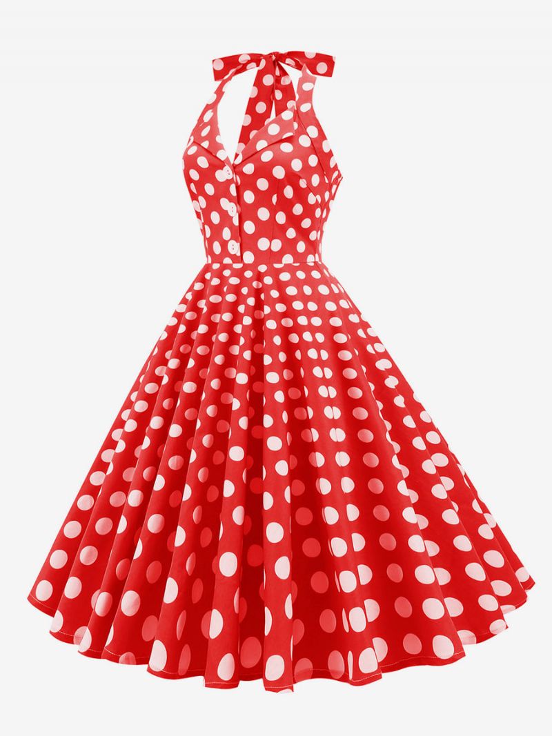 Retro Klänning 1950-tals Audrey Hepburn-stil Mörk Marinblå Prickiga Damknappar Ärmlös Grimma Rockabilly-klänning - Röd