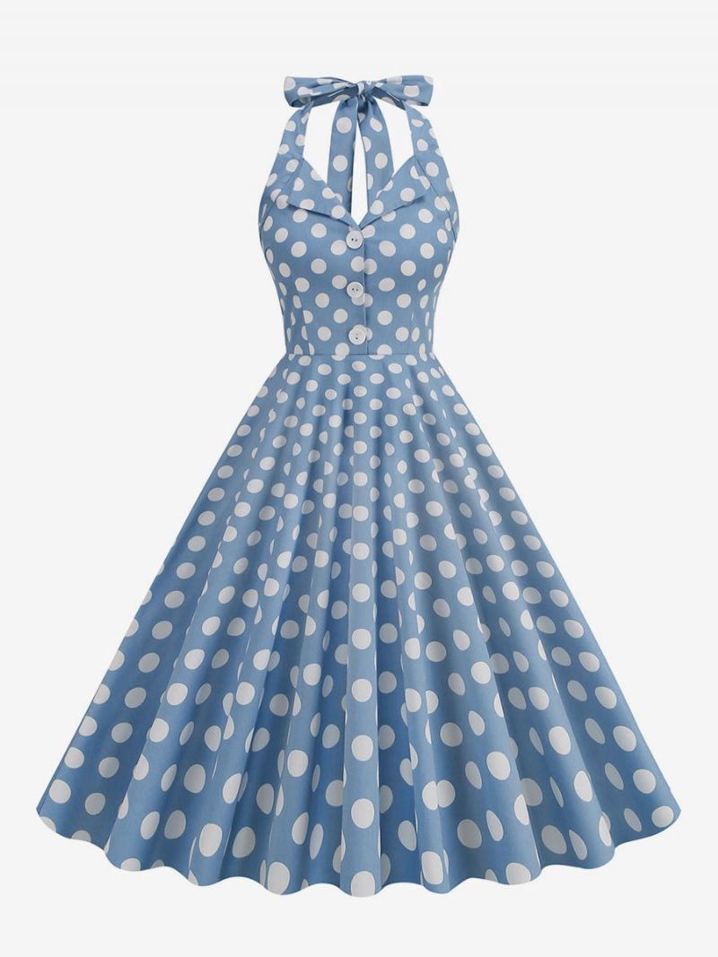 Retro Klänning 1950-tals Audrey Hepburn-stil Mörk Marinblå Prickiga Damknappar Ärmlös Grimma Rockabilly-klänning - Ljus Himmelsblå