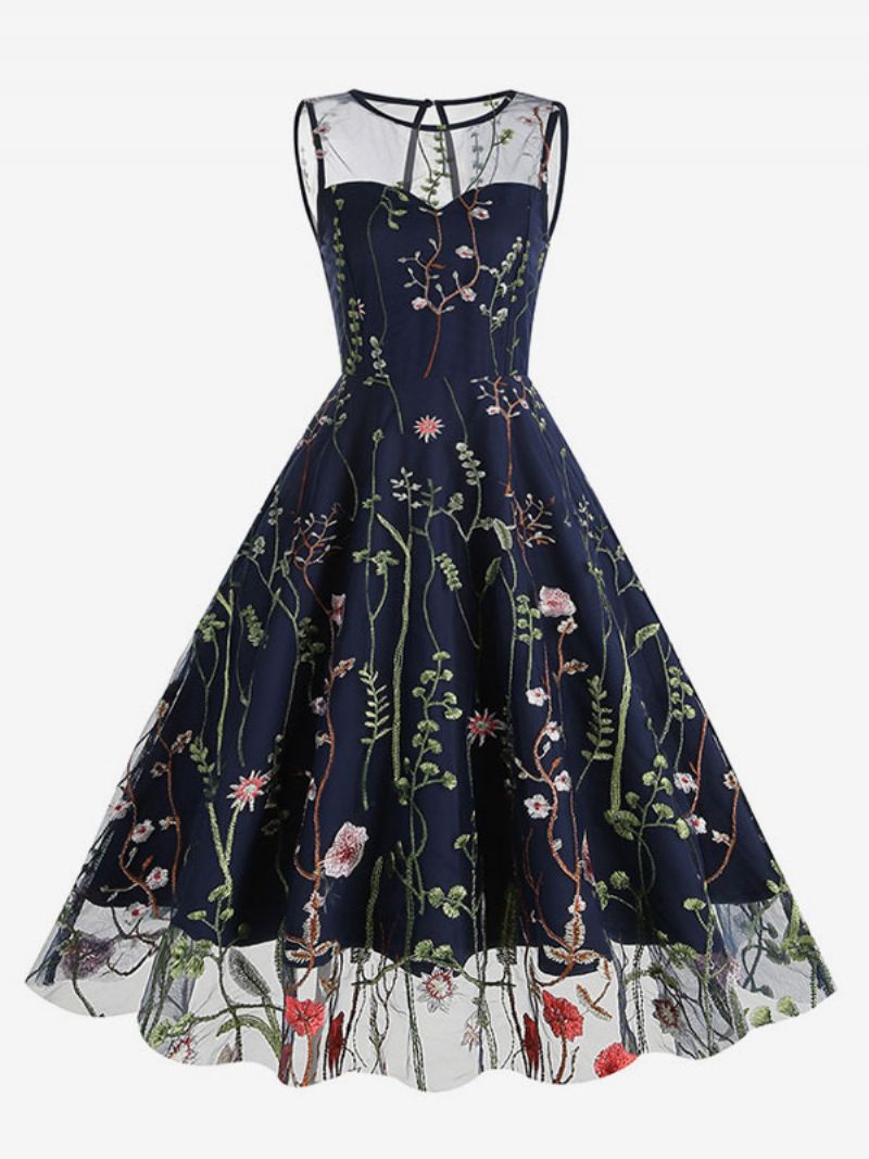 Retroklänning För Kvinnor 1950-tals Audrey Hepburn-stil Blå Blommönster Skirbroderad Ärmlös Rockabilly-klänning Med Juvelhals