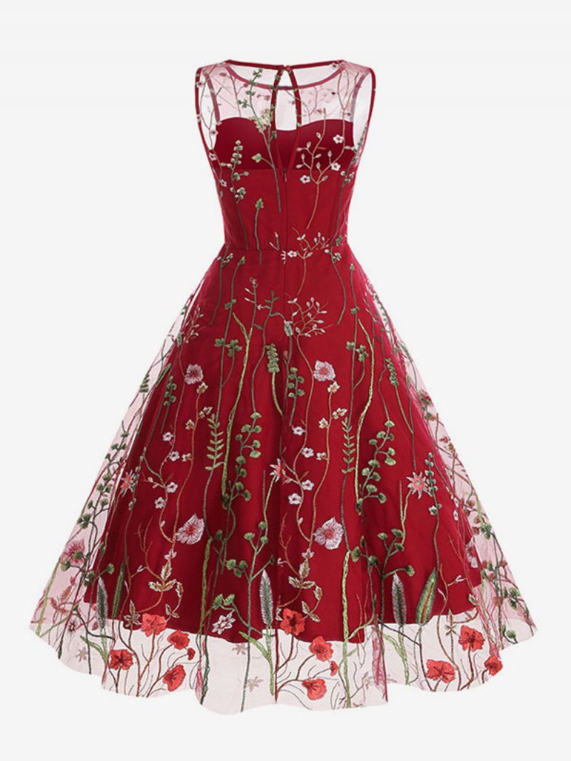 Retroklänning För Kvinnor 1950-tals Audrey Hepburn-stil Blå Blommönster Skirbroderad Ärmlös Rockabilly-klänning Med Juvelhals - Röd