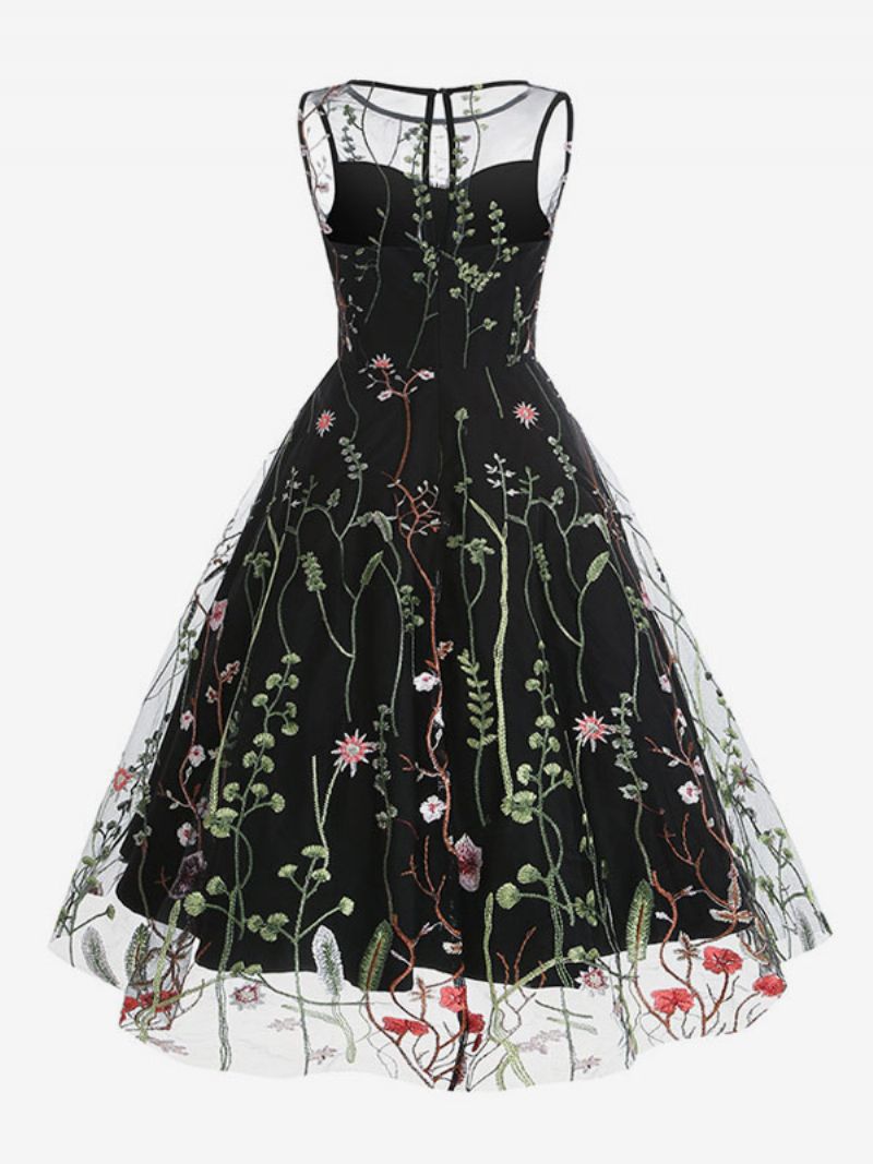 Retroklänning För Kvinnor 1950-tals Audrey Hepburn-stil Blå Blommönster Skirbroderad Ärmlös Rockabilly-klänning Med Juvelhals - Svart