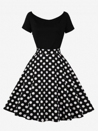 Retroklänning För Kvinnor 1950-tals Audrey Hepburn-stil Jewel Neck Kort Ärm Knälång Polka Dot Rockabilly Dress