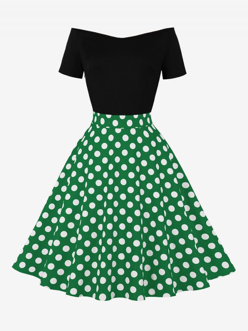 Retroklänning För Kvinnor 1950-tals Audrey Hepburn-stil Jewel Neck Kort Ärm Knälång Polka Dot Rockabilly Dress - Grön