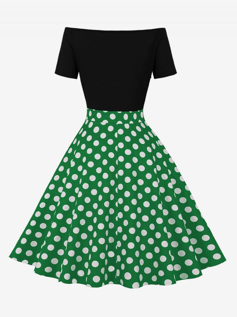 Retroklänning För Kvinnor 1950-tals Audrey Hepburn-stil Jewel Neck Kort Ärm Knälång Polka Dot Rockabilly Dress - Grön