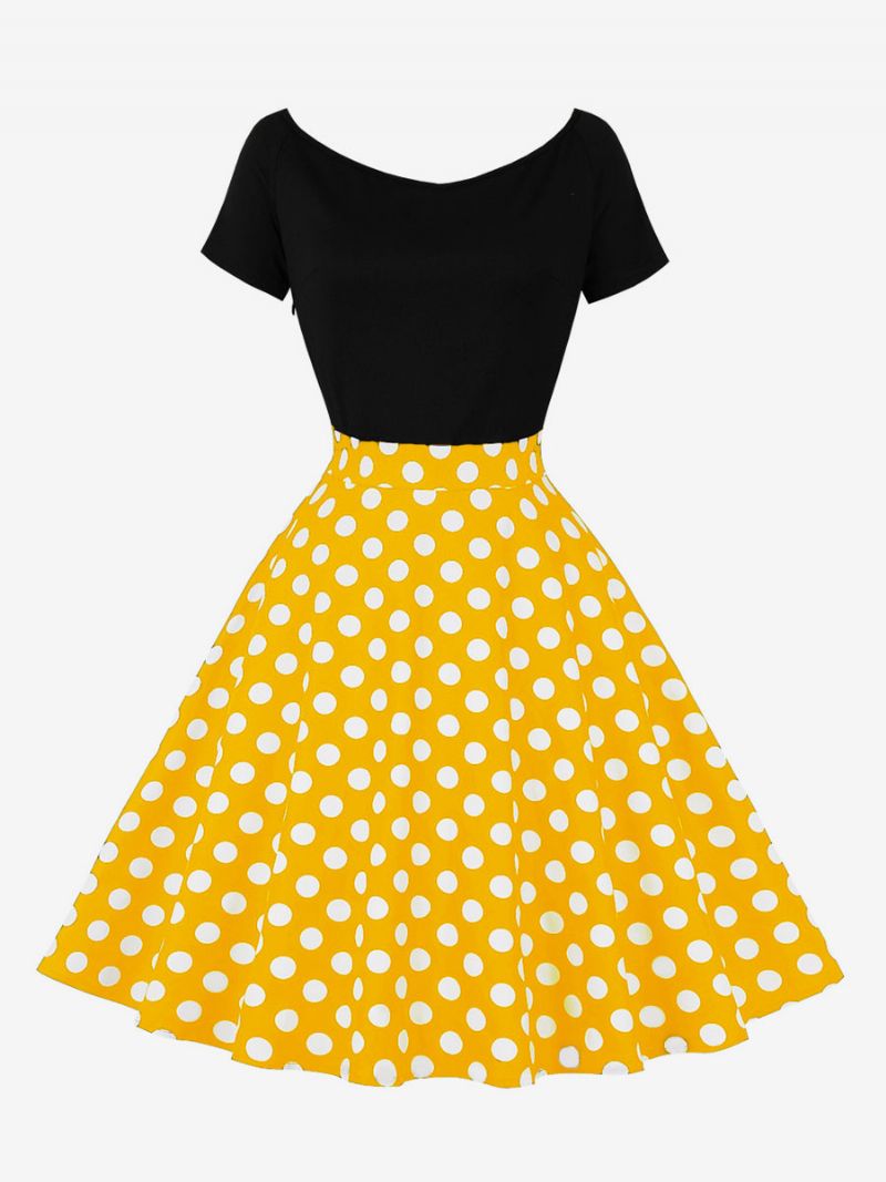 Retroklänning För Kvinnor 1950-tals Audrey Hepburn-stil Jewel Neck Kort Ärm Knälång Polka Dot Rockabilly Dress - Gul