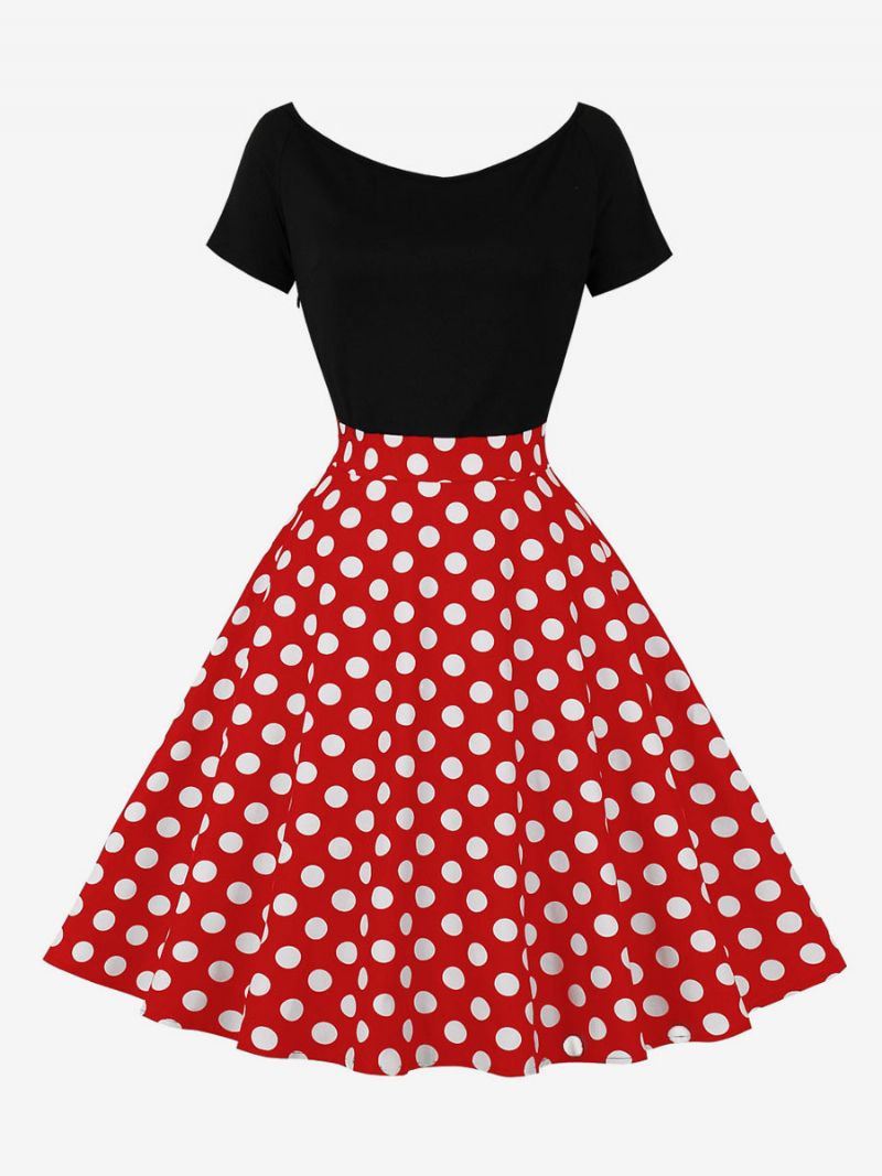 Retroklänning För Kvinnor 1950-tals Audrey Hepburn-stil Jewel Neck Kort Ärm Knälång Polka Dot Rockabilly Dress - Röd