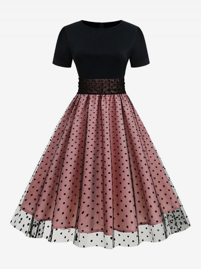 Retroklänning För Kvinnor 1950-tals Audrey Hepburn-stil Jewel Neck Layered Korta Ärmar Medium Polka Dot Rockabilly Dress