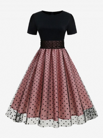 Retroklänning För Kvinnor 1950-tals Audrey Hepburn-stil Jewel Neck Layered Korta Ärmar Medium Polka Dot Rockabilly Dress