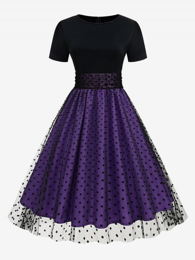 Retroklänning För Kvinnor 1950-tals Audrey Hepburn-stil Jewel Neck Layered Korta Ärmar Medium Polka Dot Rockabilly Dress - Lila