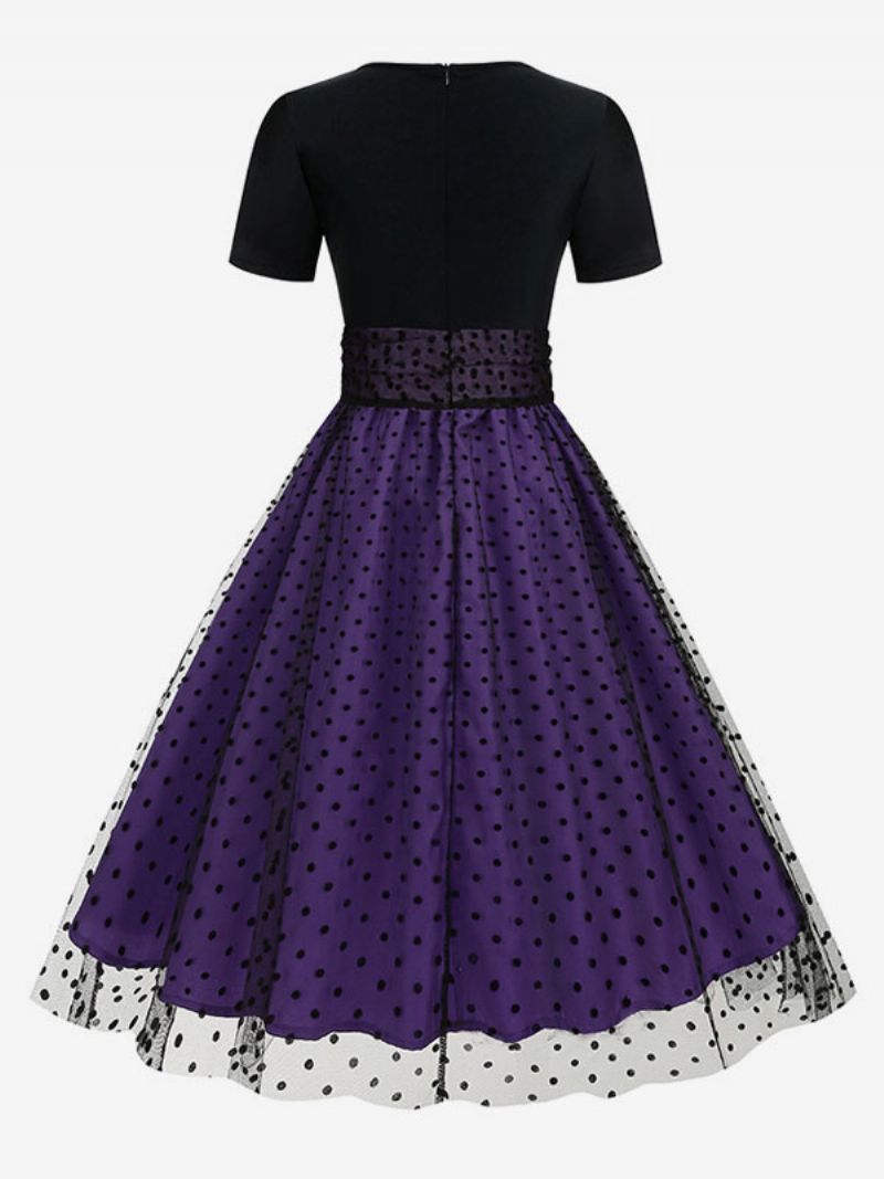 Retroklänning För Kvinnor 1950-tals Audrey Hepburn-stil Jewel Neck Layered Korta Ärmar Medium Polka Dot Rockabilly Dress - Lila