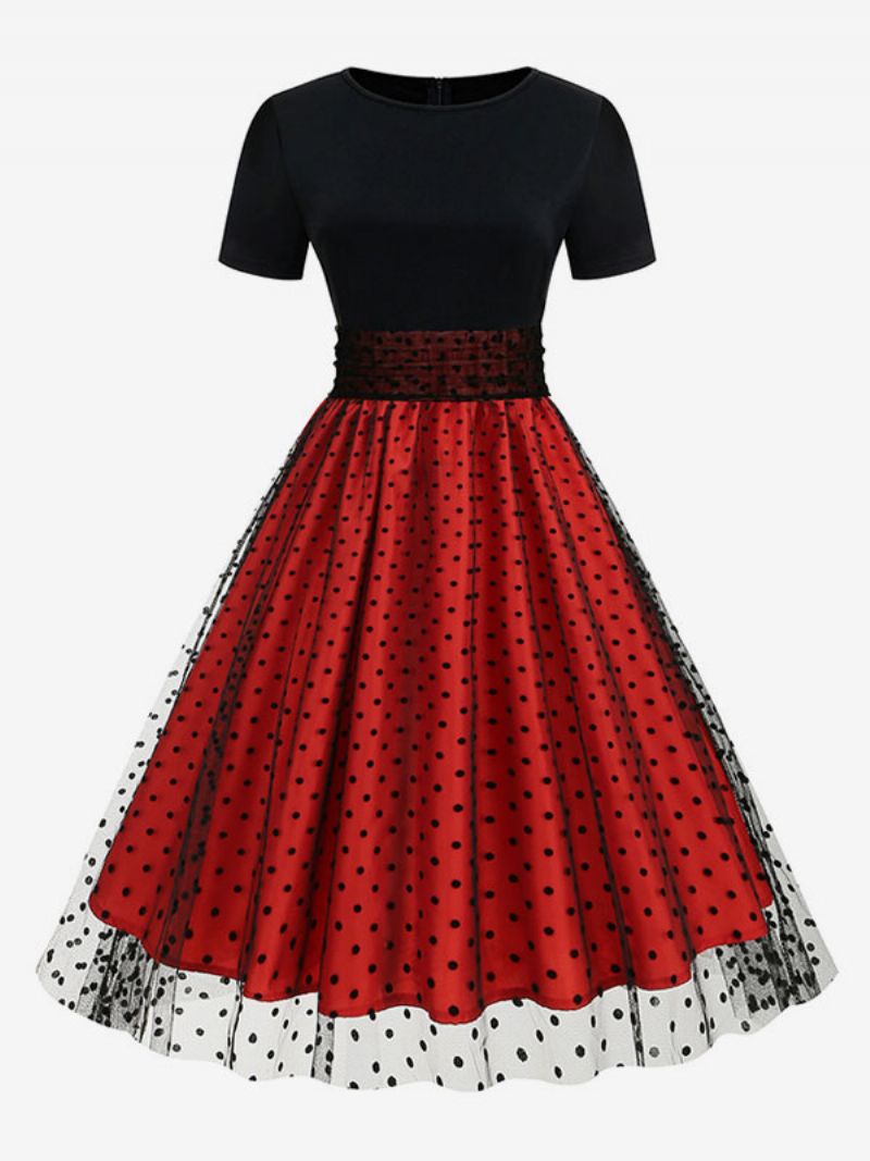 Retroklänning För Kvinnor 1950-tals Audrey Hepburn-stil Jewel Neck Layered Korta Ärmar Medium Polka Dot Rockabilly Dress - Röd