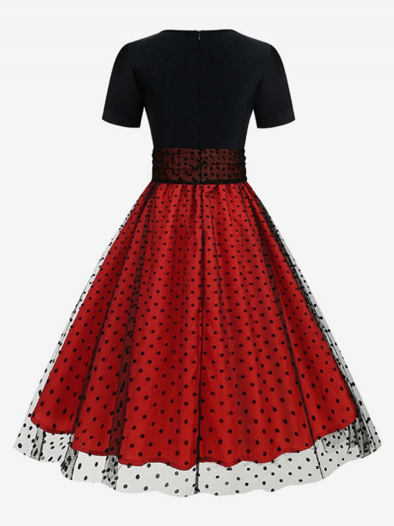 Retroklänning För Kvinnor 1950-tals Audrey Hepburn-stil Jewel Neck Layered Korta Ärmar Medium Polka Dot Rockabilly Dress - Röd