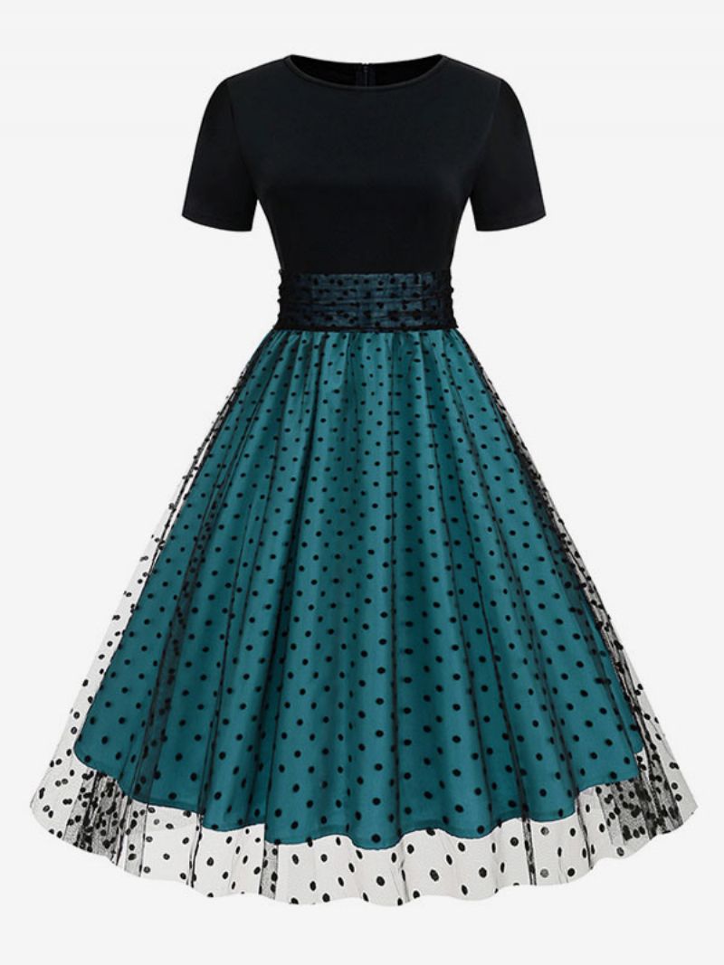 Retroklänning För Kvinnor 1950-tals Audrey Hepburn-stil Jewel Neck Layered Korta Ärmar Medium Polka Dot Rockabilly Dress - Blå