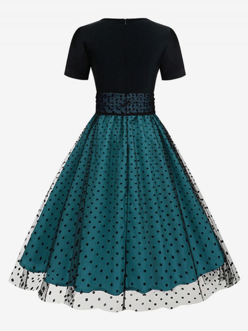 Retroklänning För Kvinnor 1950-tals Audrey Hepburn-stil Jewel Neck Layered Korta Ärmar Medium Polka Dot Rockabilly Dress - Blå