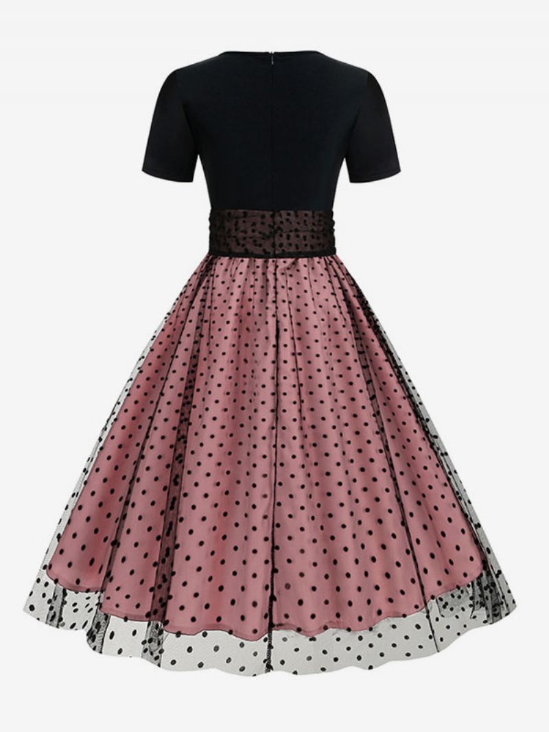 Retroklänning För Kvinnor 1950-tals Audrey Hepburn-stil Jewel Neck Layered Korta Ärmar Medium Polka Dot Rockabilly Dress - Rosa