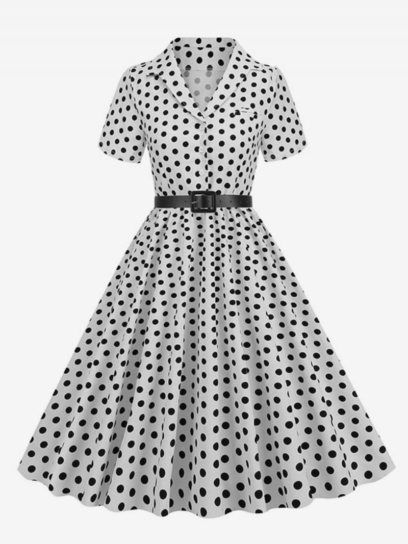 Retroklänning För Kvinnor 1950-tals Audrey Hepburn-stil Turndown-knappar Med Krage Korta Ärmar Polka Dot Swing Dress