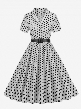 Retroklänning För Kvinnor 1950-tals Audrey Hepburn-stil Turndown-knappar Med Krage Korta Ärmar Polka Dot Swing Dress