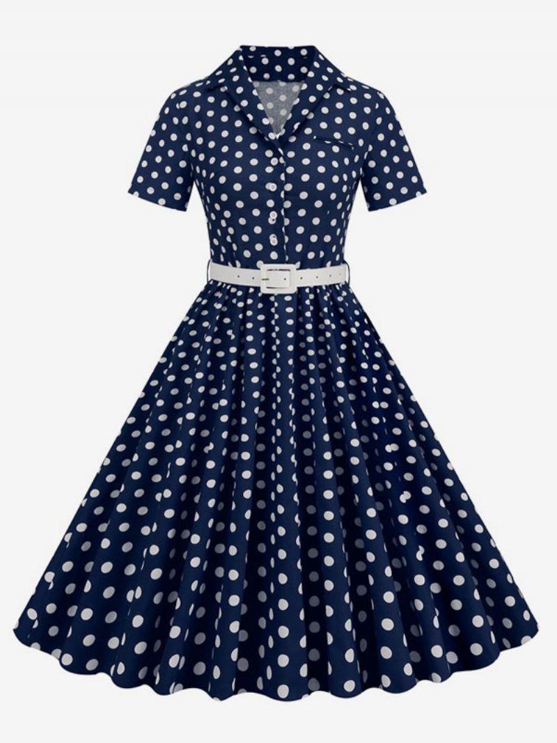 Retroklänning För Kvinnor 1950-tals Audrey Hepburn-stil Turndown-knappar Med Krage Korta Ärmar Polka Dot Swing Dress - Mörk Marinblå