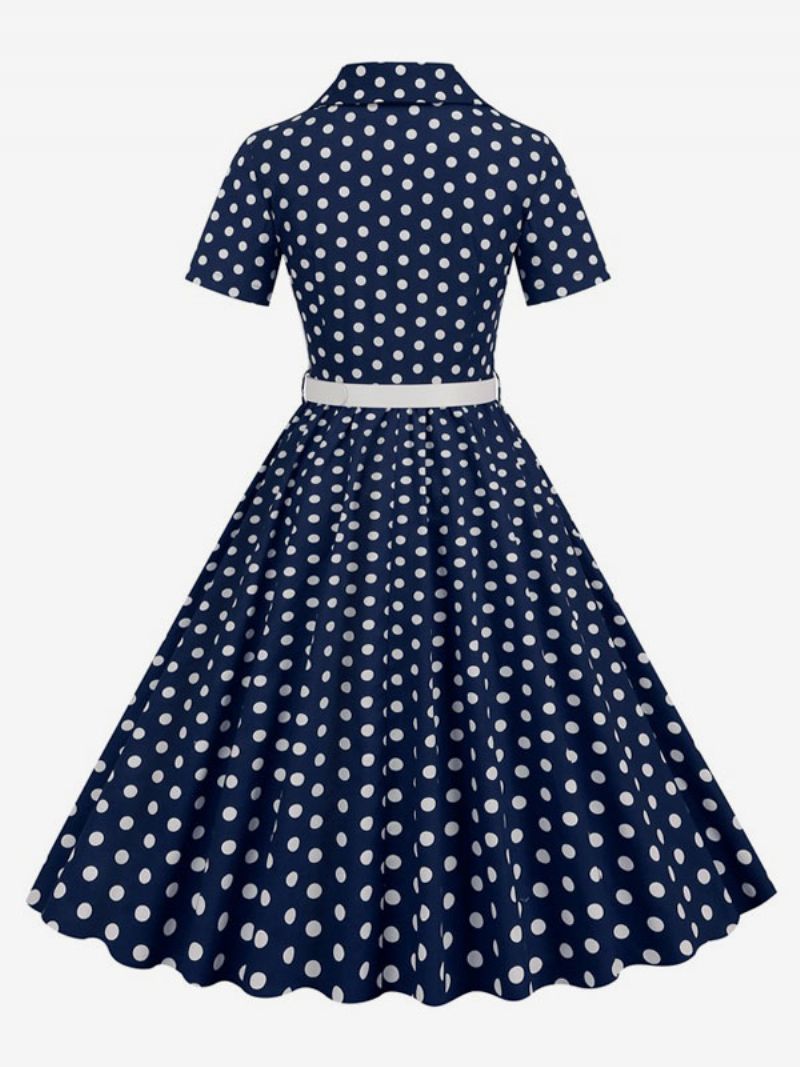 Retroklänning För Kvinnor 1950-tals Audrey Hepburn-stil Turndown-knappar Med Krage Korta Ärmar Polka Dot Swing Dress - Mörk Marinblå