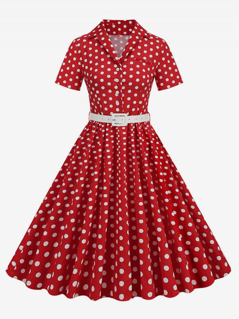 Retroklänning För Kvinnor 1950-tals Audrey Hepburn-stil Turndown-knappar Med Krage Korta Ärmar Polka Dot Swing Dress - Röd