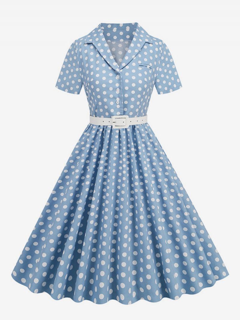 Retroklänning För Kvinnor 1950-tals Audrey Hepburn-stil Turndown-knappar Med Krage Korta Ärmar Polka Dot Swing Dress - Ljus Himmelsblå