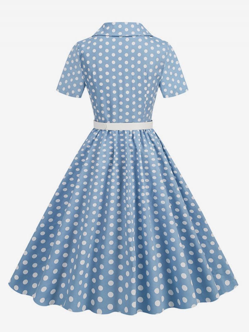 Retroklänning För Kvinnor 1950-tals Audrey Hepburn-stil Turndown-knappar Med Krage Korta Ärmar Polka Dot Swing Dress - Ljus Himmelsblå