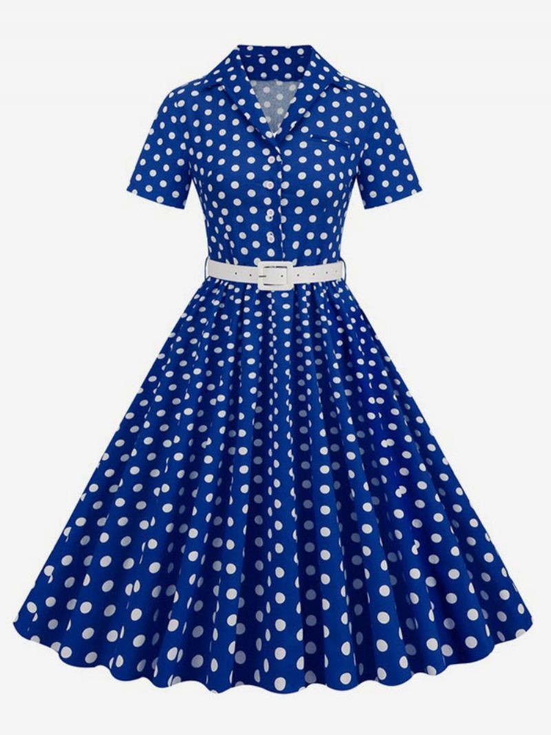 Retroklänning För Kvinnor 1950-tals Audrey Hepburn-stil Turndown-knappar Med Krage Korta Ärmar Polka Dot Swing Dress - Kunglig Blå