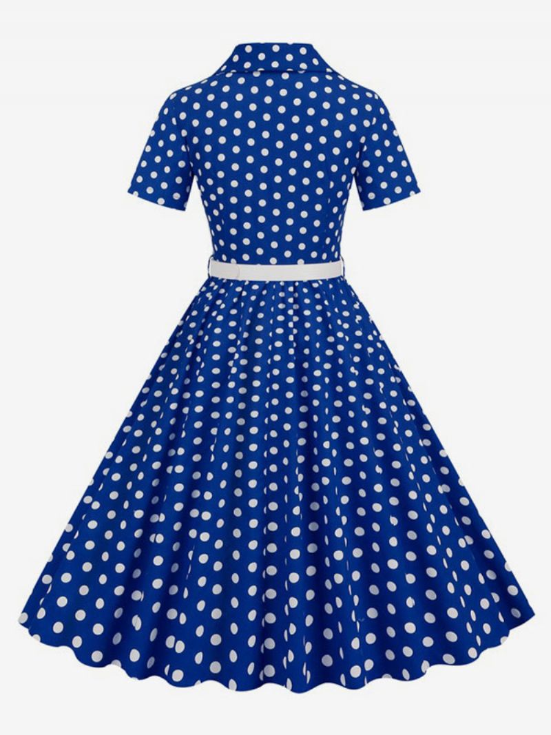 Retroklänning För Kvinnor 1950-tals Audrey Hepburn-stil Turndown-knappar Med Krage Korta Ärmar Polka Dot Swing Dress - Kunglig Blå