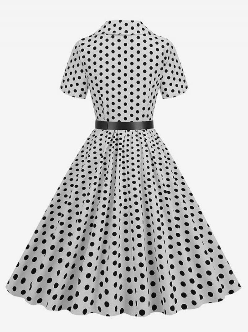 Retroklänning För Kvinnor 1950-tals Audrey Hepburn-stil Turndown-knappar Med Krage Korta Ärmar Polka Dot Swing Dress - Vit