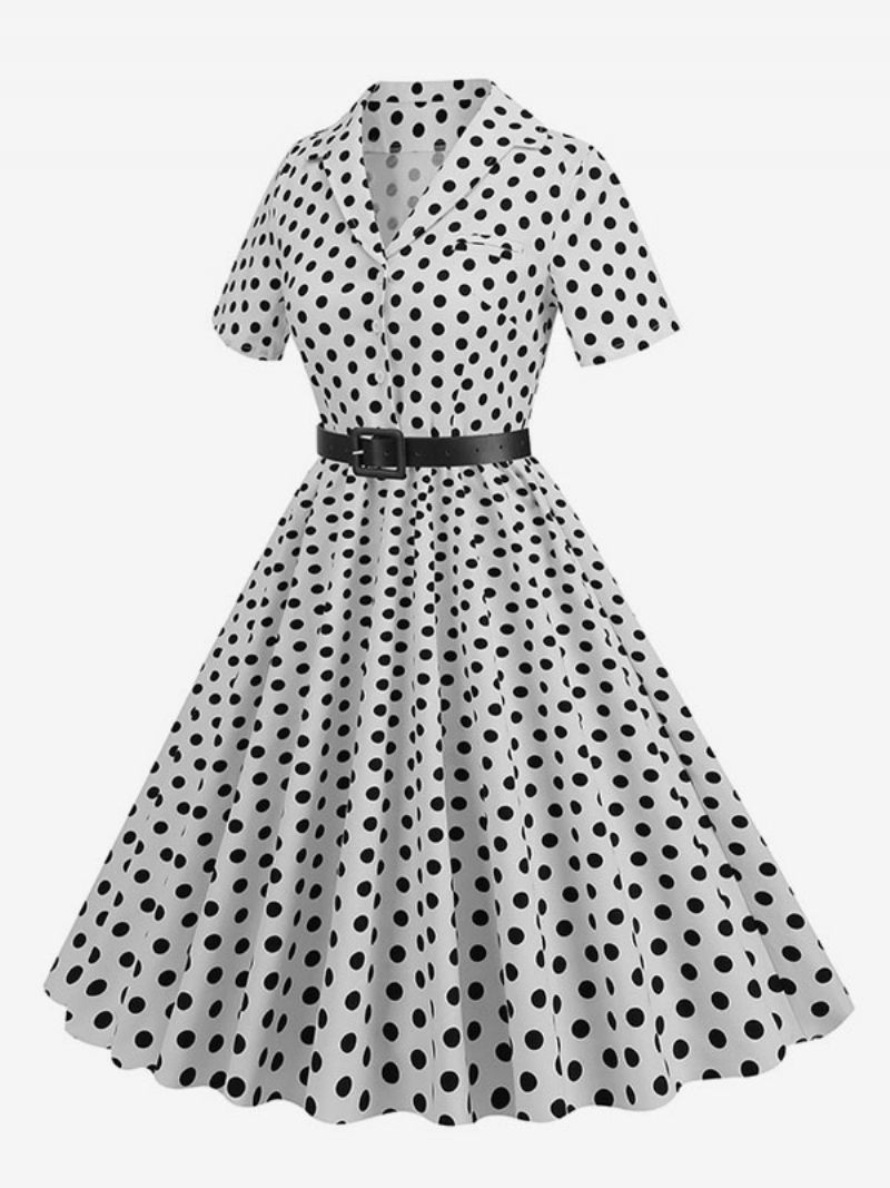 Retroklänning För Kvinnor 1950-tals Audrey Hepburn-stil Turndown-knappar Med Krage Korta Ärmar Polka Dot Swing Dress - Vit