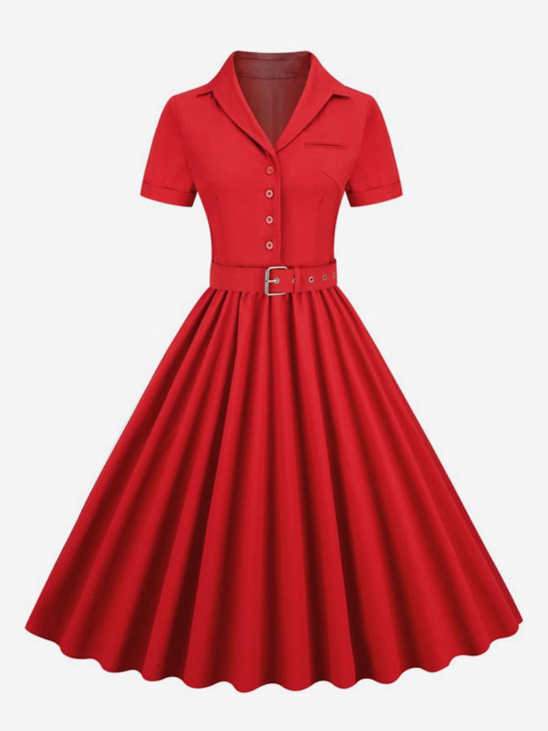 Retroklänning För Kvinnor 1950-tals Audrey Hepburn-stil V-ringad Knappar Lagrade Korta Ärmar Medium Rockabilly-klänning - Röd