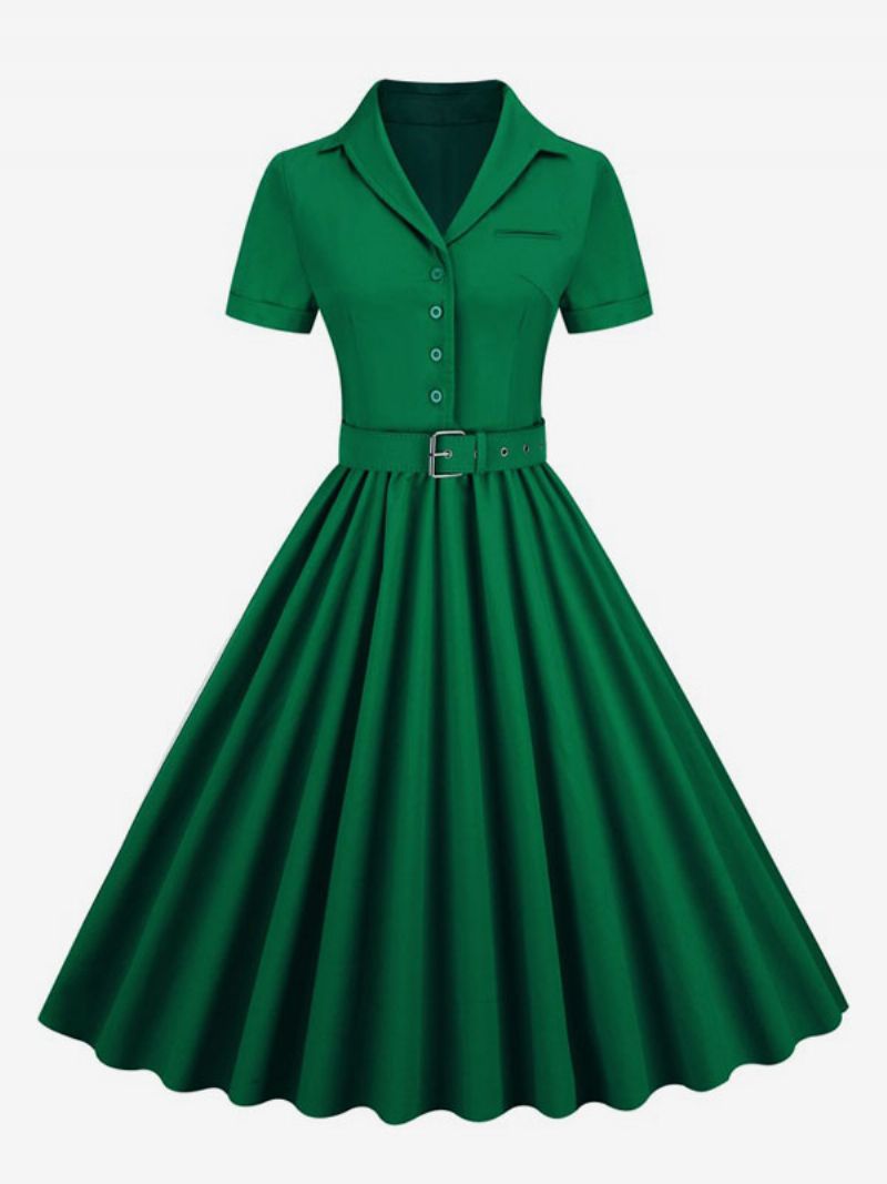 Retroklänning För Kvinnor 1950-tals Audrey Hepburn-stil V-ringad Knappar Lagrade Korta Ärmar Medium Rockabilly-klänning - Mörkgrön