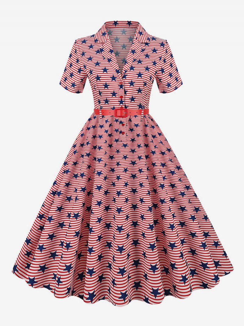 Retroklänning För Kvinnor 1950-tals Audrey Hepburn-stil V-ringad Skärp Layered Korta Ärmar Medium Flag Rockabilly Dress