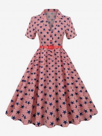 Retroklänning För Kvinnor 1950-tals Audrey Hepburn-stil V-ringad Skärp Layered Korta Ärmar Medium Flag Rockabilly Dress