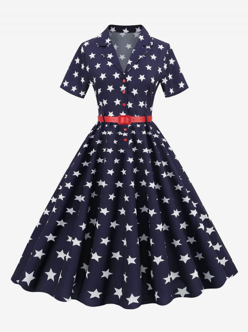 Retroklänning För Kvinnor 1950-tals Audrey Hepburn-stil V-ringad Skärp Layered Korta Ärmar Medium Flag Rockabilly Dress - Mörk Marinblå