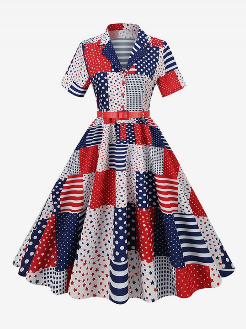 Retroklänning För Kvinnor 1950-tals Audrey Hepburn-stil V-ringad Skärp Layered Korta Ärmar Medium Flag Rockabilly Dress - Röd