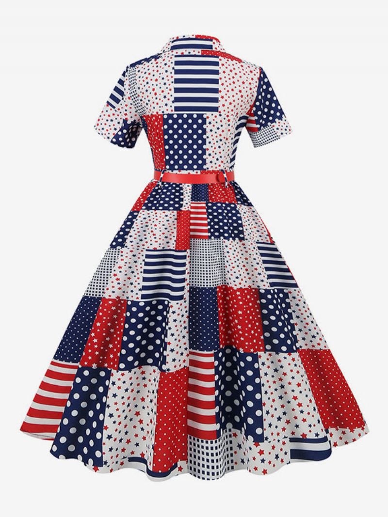 Retroklänning För Kvinnor 1950-tals Audrey Hepburn-stil V-ringad Skärp Layered Korta Ärmar Medium Flag Rockabilly Dress - Röd