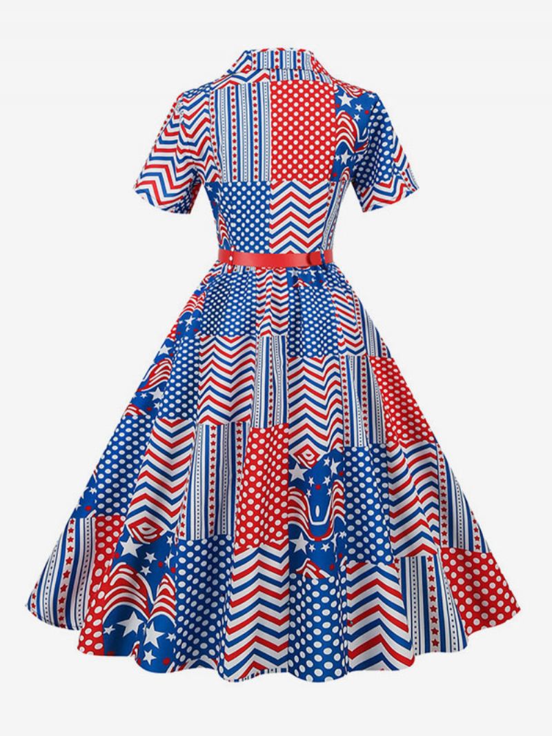 Retroklänning För Kvinnor 1950-tals Audrey Hepburn-stil V-ringad Skärp Layered Korta Ärmar Medium Flag Rockabilly Dress - Blå