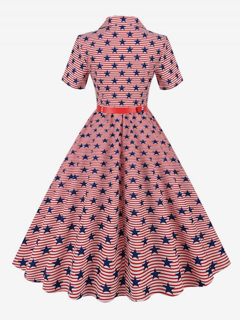 Retroklänning För Kvinnor 1950-tals Audrey Hepburn-stil V-ringad Skärp Layered Korta Ärmar Medium Flag Rockabilly Dress - Rosa