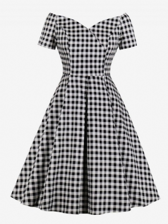 Svart Vintageklänning För Kvinnor 1950-tals Audrey Hepburn-stil Kortärmad V-hals Plädad Retroklänningar