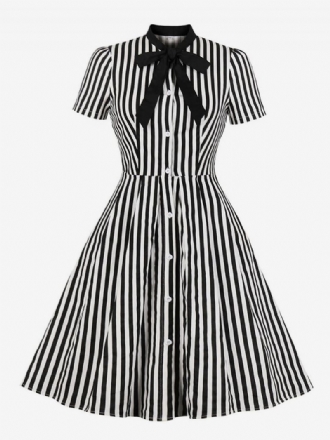 Vintage Klänning 1950-tal Stripe Fluga Kort Ärm Dam Swing Retro