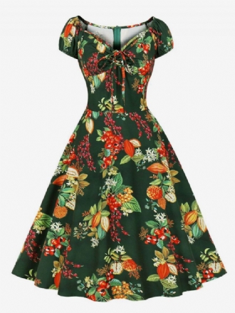 Vintageklänning 1950-tals Audrey Hepburn-stil Ljus Himmelsblå Blommönster Dam Kortärmad Rockabilly-klänning