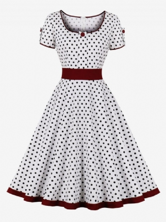 Vintageklänning 1950-tals Audrey Hepburn-stil Mörk Marinblå Prickiga Kortärmade Rockabillyklänningar För Kvinnor